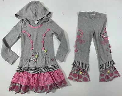 Naartjie Girls Pink Grey Forest Friends Hooded Long Sleeve Dress Ruffle Pant 5 6 • $34.99