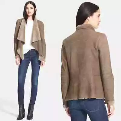 VINCE Cascade Lambskin Leather Wool Shearling Fur Gray Draped Lapel Jacket XS • $185