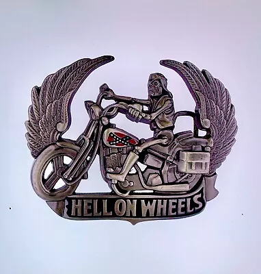 USA Hell On Wheels Death Rider Biker Belt Buckle American Western Silver Vintage • $8.99