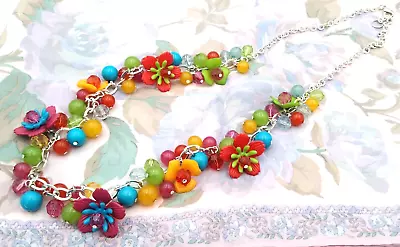 Summer In A Necklace~~Fun~Fun~~Colorful Silver Tone 30  Chain W/ Man Made Beads • $13.19