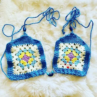 Blue 100% Hand Crochet Beaded Halter Neck Festival Square Bikini Bralet BNWT • £13