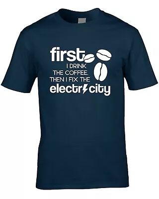 £11.99 • Buy First Coffee Fix Electricity Men's T-Shirt Funny Electrician Engineer Job Gift 