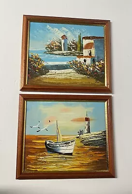 Set Of 2 Vintage Patio Oceanside Landscape & Lighthouse Boat Scene Oil Painting • $37