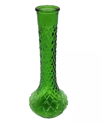 Vintage Green Hoosier Glass Bud Vase Quilted Diamond Pattern MCM 9  Tall • $14.99