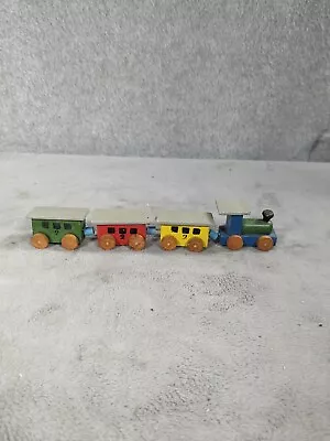 Vintage Wooden Miniature Toy Train Set Locomotive With 3 Wagons Colorful Décor • $16.98