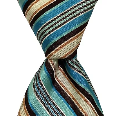 TED BAKER London Men's 100% Silk XL Necktie USA Designer STRIPED Blue/Brown EUC • $31.99