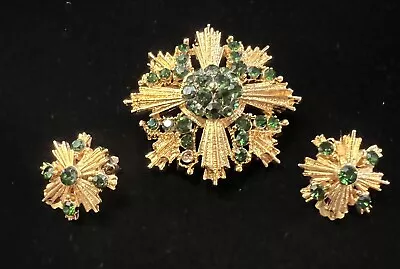 Vtg Lisner Maltese Cross Brooch & Clip Earrings Gold Tone Green Rhinestone • $45