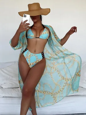 Chain Print Triangle Fashion Beach Bikini & Kimono 3 Piece • £20.39