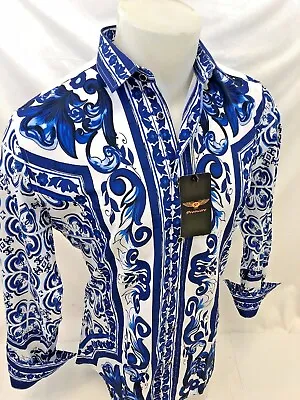 Mens PREMIERE Long Sleeve Button Down Dress Shirt BLUE DIAMOND LEAF DESIGNER 618 • $39.99