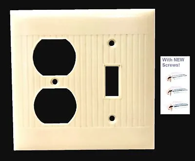 Vintage Ribbed IVORY Bakelite Duplex TOGGLE SWITCH OUTLET Wall Plate Sierra MCM • $7.97