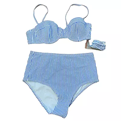 J. Crew Women's NWT Blue/White High Waisted Seersucker Bikini Set Size Small • $50