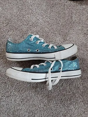 Converse All Star Metallic Blue Glitter Trainers Low Top Sneakers Plimsolls Uk 4 • £14.99