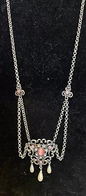 50s Vintage Swag Festoon Revival Necklace Silvertone Faux Pink Moonstone Pearl • $39.95