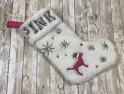 Victoria Secret Christmas Stocking Soft White PINK Dog Sequin Snowflakes • $12.99