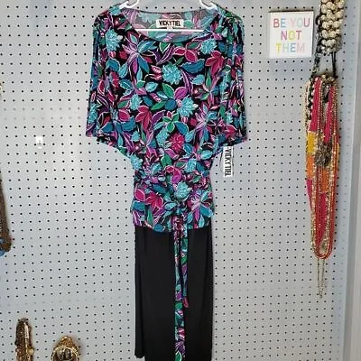 Vicky Tiel Stretchy Modest Floral Peplum Tie Waist Dress Sz XL NWT Career Midi • $14.75