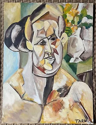 Vintage Abstract Cubist Portrait Fernande Portrait Oil Painting Modern Art 70s • $295