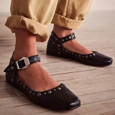 Free People Mystic Mary Jane Flats Size 6.5 Black Leather Studded NEW $128 • $78