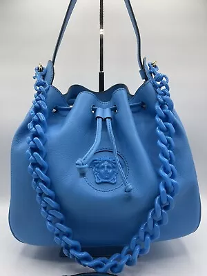 NWT $2325 VERSACE Blue Leather LA MEDUSA Drawstring Bucket BAG CHAIN & 2 STRAPS • $2918.24