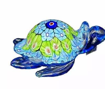 Italian Art Glass Turtle Figurine/Paperweight HEAVY Indigo Blue Green 5” • $18.99