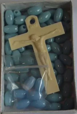 Vtg Lot Plastic Rosary Making Craft Parts Blue Beads Cream Color Crucifix • $2