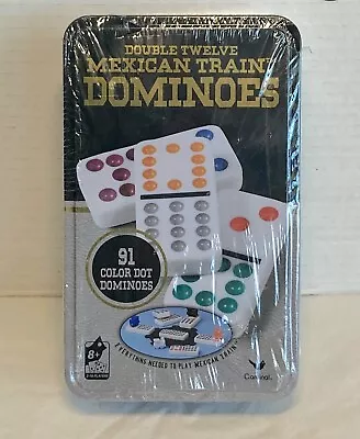 Cardinal Double Twelve Mexican Train Dominoes & Metal Tin 91 Color Dot Dominoes • $12