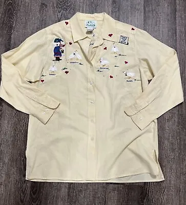 Quacker Factory Yellow Button Up Shirt W/Embroidered & Beaded Ducks Large • $17.95