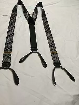 Suspenders Button Leather Braces Silk  Black W/ Gray • $20