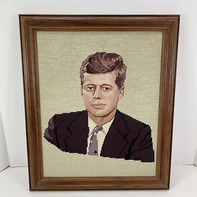Vintage John F Kennedy Needlepoint Completed 19x16 Framed JFK American President • $115.97