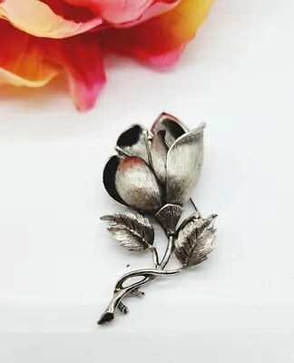 Vintage Large 3D Brooch Pin Flower Rose Lily Silver Tone Bouquet Wedding • $10.99