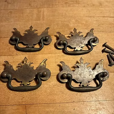 4 VTG. CHIPPENDALE STYLE BRASS DROP BAIL DRAWER PULLS  2-1/2  CENTER With Screws • $17.99