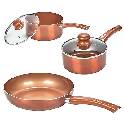 3 PC URBN-CHEF Saucepan Ceramic Copper Induction Cooking Frying Pan Cookware Set • £29.99