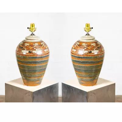 Mid Century Modern Table Lamp Set Pair Green Orange Grey Ceramic Round Vintage • $324.98