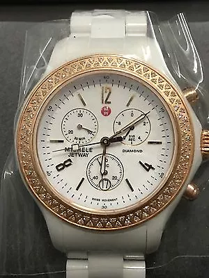 New  Rose Women's Michele MWW17B000008 Diamond Jetway White Ceramic Watch $2095 • $1999