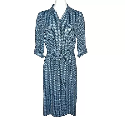 J. McLaughlin Catalina Cloth Jersey Button Shirt Dress Blue Herringbone Belted L • $75