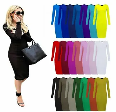£8.95 • Buy Womens Ladies Long Sleeve MIDI Dress Stretch Bodycon Plain Jersey Maxi Plus Size