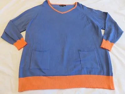 Qvc Frank Usher Blue & Coral Borders Jersey Pocket Sweater Jumper Uk 20 - 22 • £8.99