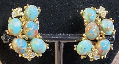 HAR Vintage Turquoise Color Dragon's Egg Clip On Earrings Rhinestones Climber • $149.99