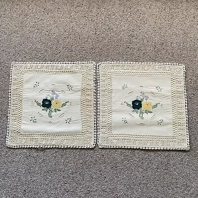 Vintage 70s Retro Cream Appliqué Cushion Covers X 2 Crochet Lace Floral 40cm • £16.99