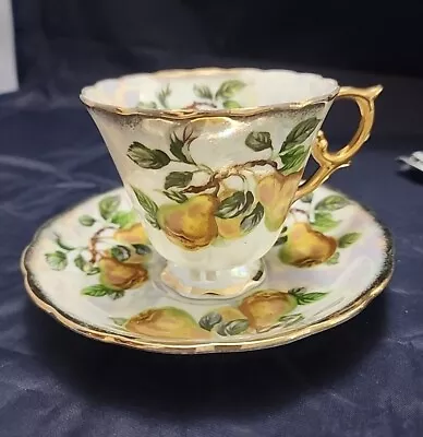 Vtg Pearl Lusterware December Royal Pear Footed Teacup Saucer Rare Ucagco Design • $22