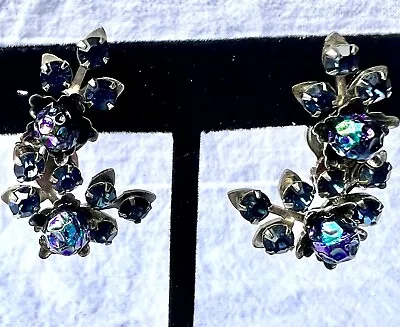 Vintage Climber Earrings Blue Rhinestone & Iridescent  Silver Tone Clip Backs • $9.99