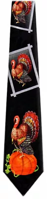 Men's Black Orange Thanksgiving Necktie Turkey And Pumpkins Thanksgiving Day • $14.99