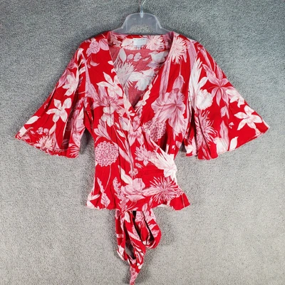 $18.99 • Buy WITCHERY Top Blouse Womens 12 Red White Floral Flare Sleeve V-Neck Tie Ladies