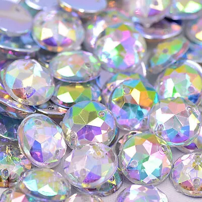  50 Pcs X CLEAR AB FLAT BACK FACETED ROUND RHINESTONE STRASS SEW ON BEADS • £4.89