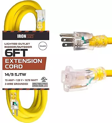 6 Ft Lighted Outdoor Extension Cord - 14/3 SJTW Yellow Cable -3 Prong Plug • $12.99