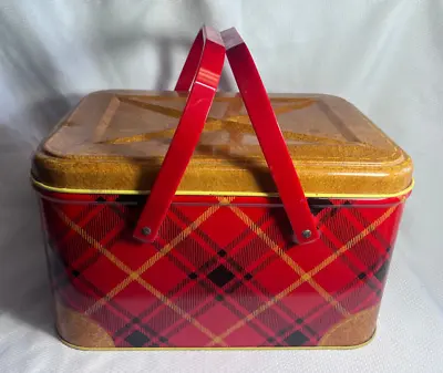 $54.95 • Buy 50's Vtg Red Plaid Metal Tin Bread Box Hinged Lid Plastic Handles Picnic Basket