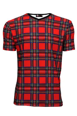 Men's Red Tartan Classic Punk Print V-Neck T-Shirt Top Goth Emo • £21.99