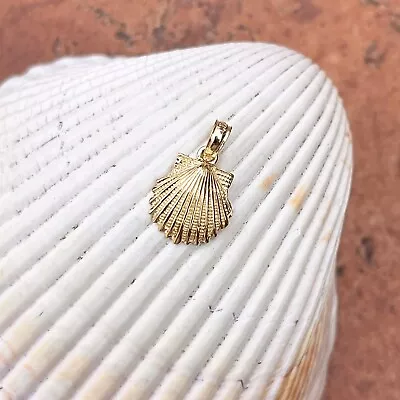 14K Yellow Gold Polished Textured 2D Small Scallop Shell Pendant Charm 10mm NEW • $119.99