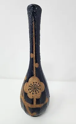 Vintage Stoneware Bud Vase 10  Pottery Earth Tones Blue Brown Floral   • $24.99