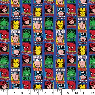 100% Cotton Fabric Marvel Stamps Superheroes Heroes Iron Man Thor Hulk • £4.75