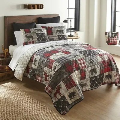 Quilt Set Queen Red Gray Reversible Rustic Lodge Grey Plaid Bedding Cover • $105.99